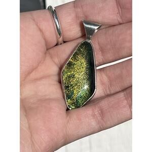 Signed Sterling Silver Dichroic Glass Pendant w Chain Green Gold Shimmer 1.75”